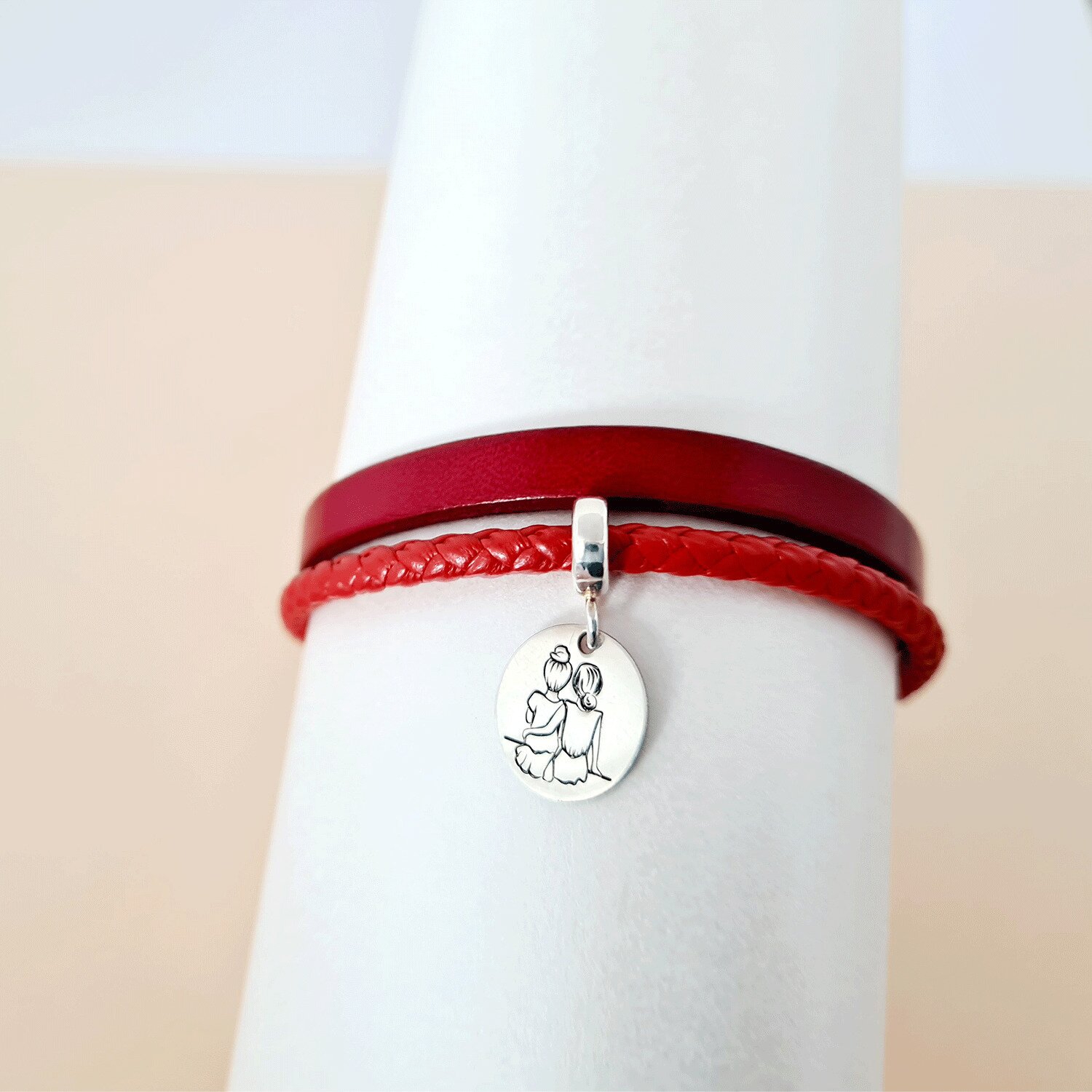 Bratara 2 straturi de piele rosie - charm banut 2 surori - Argint 925 - Inchizatoare clips din otel inoxidabil