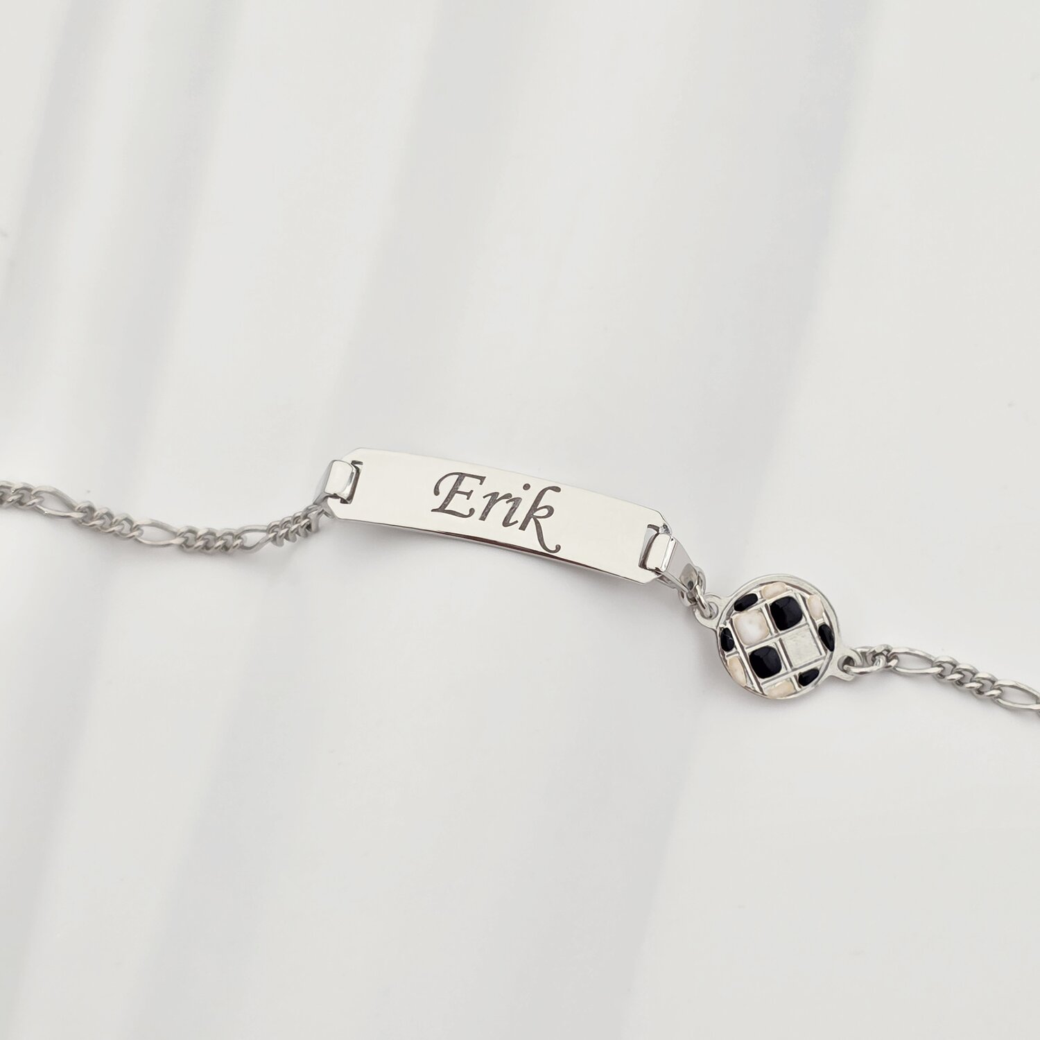 Bratara bebe - Placuta cu nume - Simbol minge de fotbal si lantisor - Argint 925