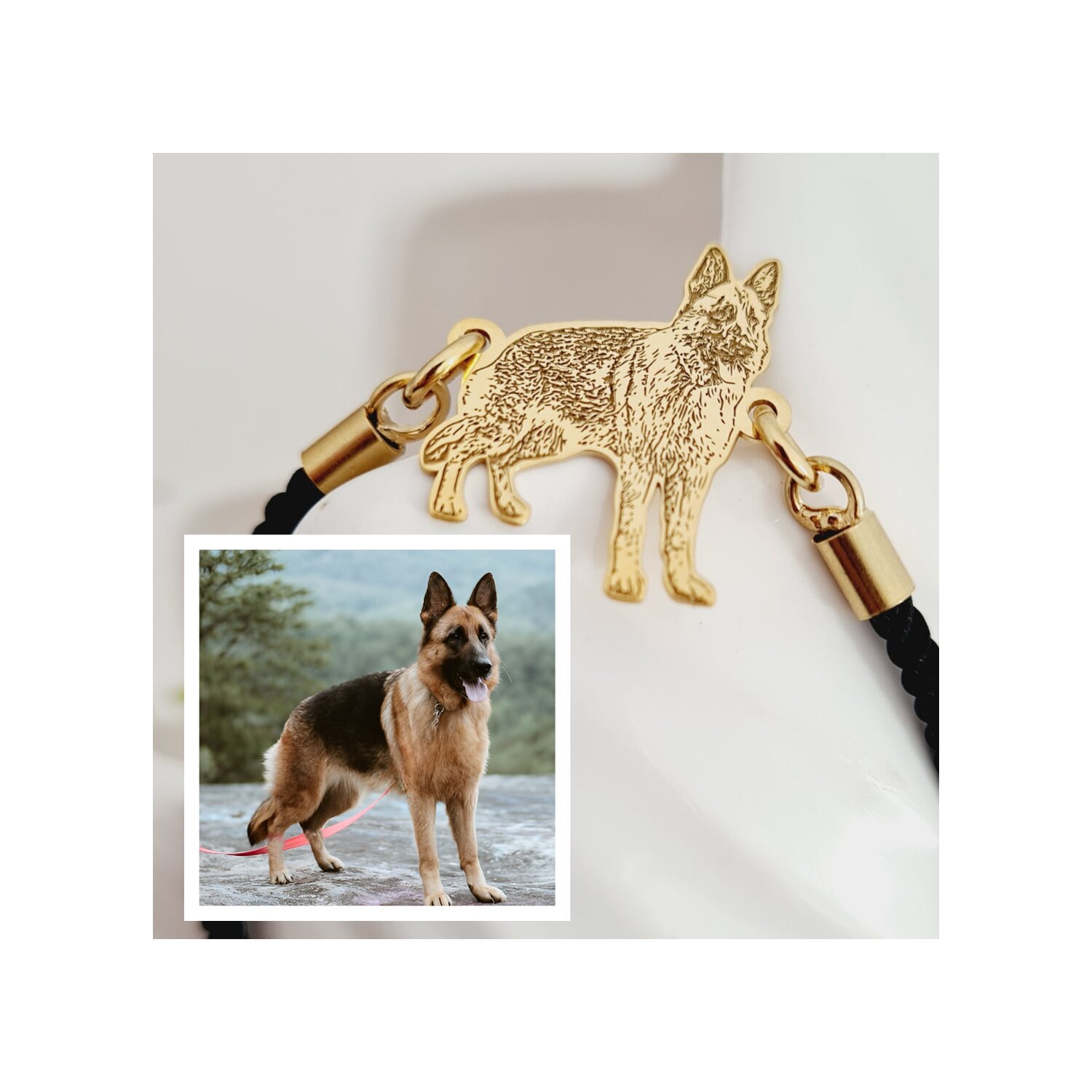 Bratara caine iubit - Personalizare cu poza - Argint 925 placat cu Aur Galben 18K - Snur gros, model fix