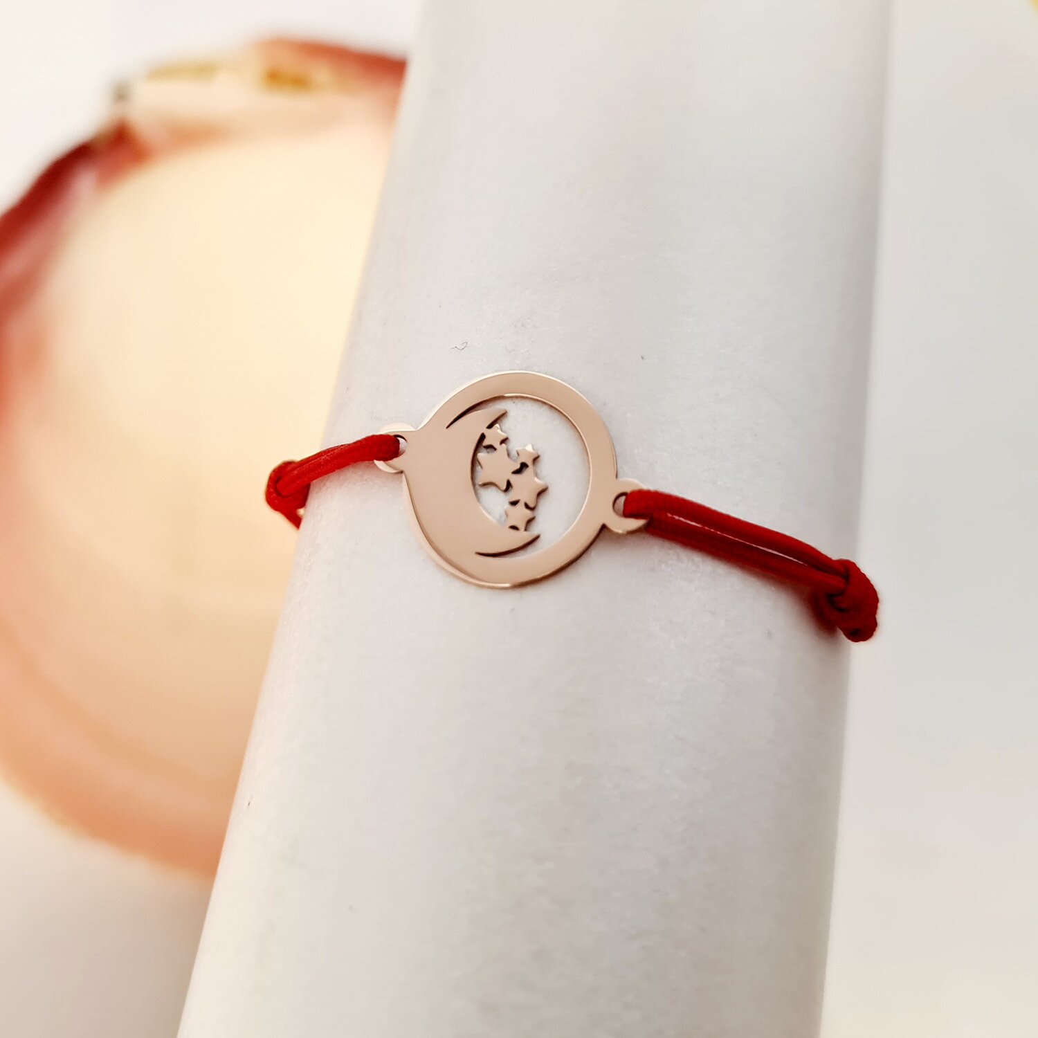 Bratara simbol - Banut 12 mm cu semiluna si stelute - Aur Roz 14 K - Snur reglabil
