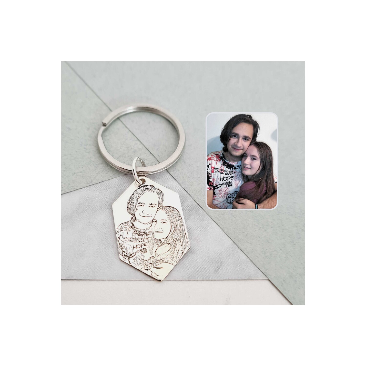 Breloc personalizat cu poza - Amintire dragă - Hexagon 30x18 mm din Argint 925 - Inel otel inoxidabil