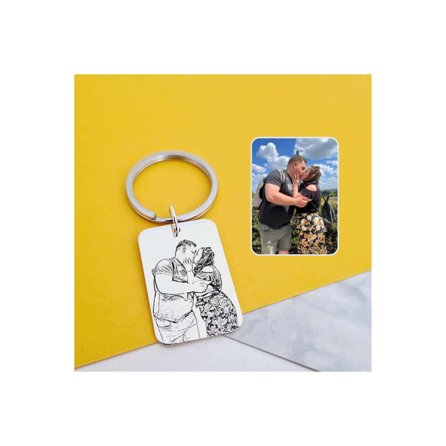 Breloc personalizat cu poza - Amitiri unice - Placuta 30x20 mm din Argint 925 - Inel otel inoxidabil