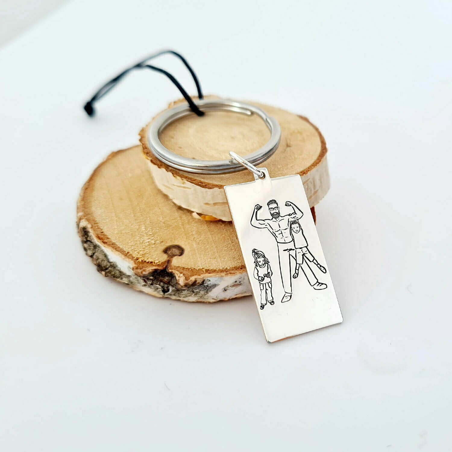 Breloc personalizat - Super Dad - Tata de fata si baiat - Argint 925 - inel otel inoxidabil