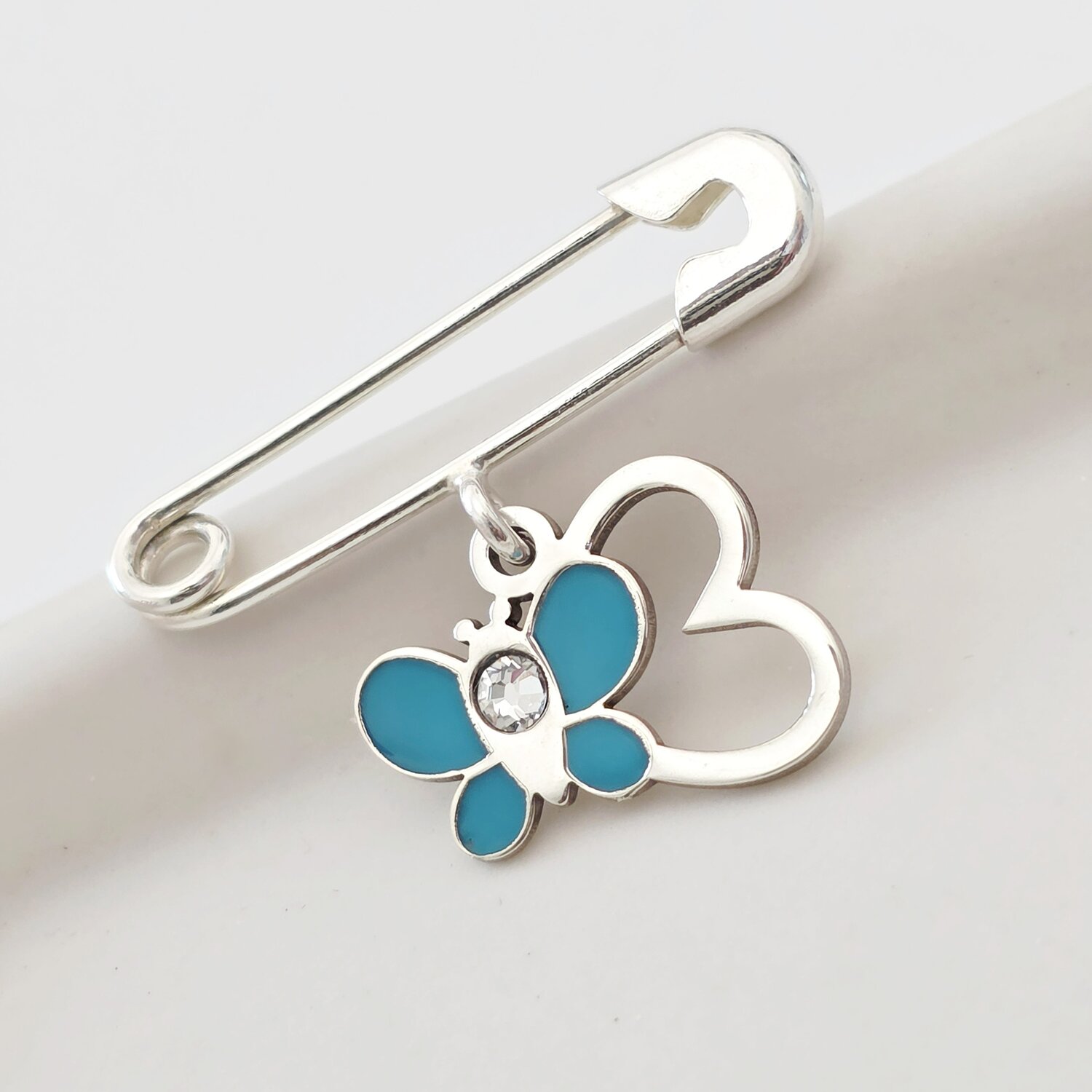 Brosa Ac de siguranta - Fluture in zbor de culoare – Argint 925 - Email turcoaz & Cristal Swarovski