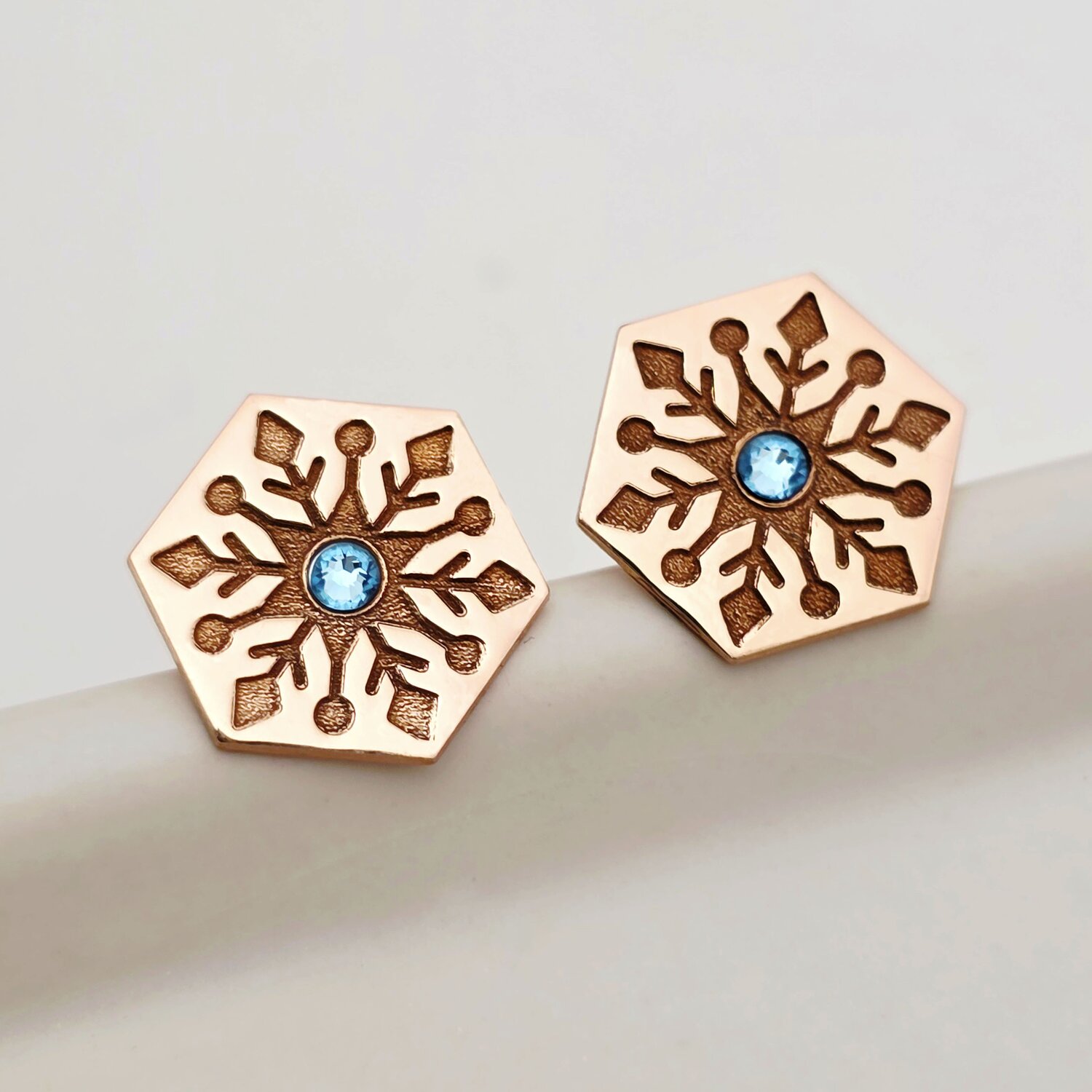 Cercei Craciun - Model Hexagon - Cristal de zapada - Argint 925 placat cu Aur roz 18K - cristal Swarovski- inchidere surub