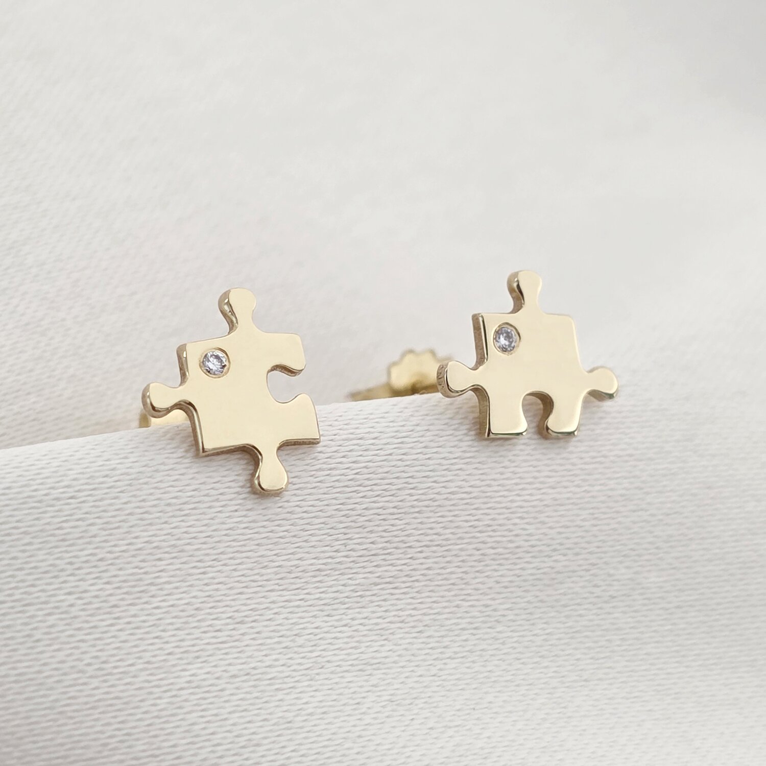 Cercei cu Diamante naturale - Piese de puzzle - Aur Galben 14K - Inchizatoare surub