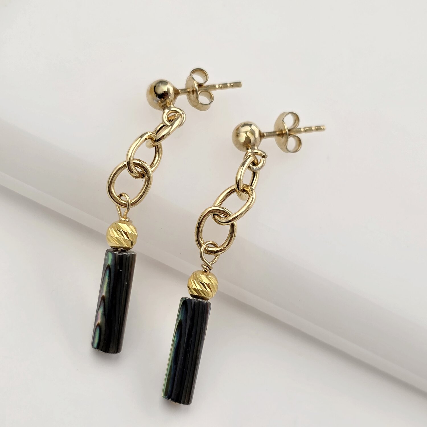 Cercei Curgatori cu Pietre Abalone Tubulare – Argint 925 placat cu Aur 18K