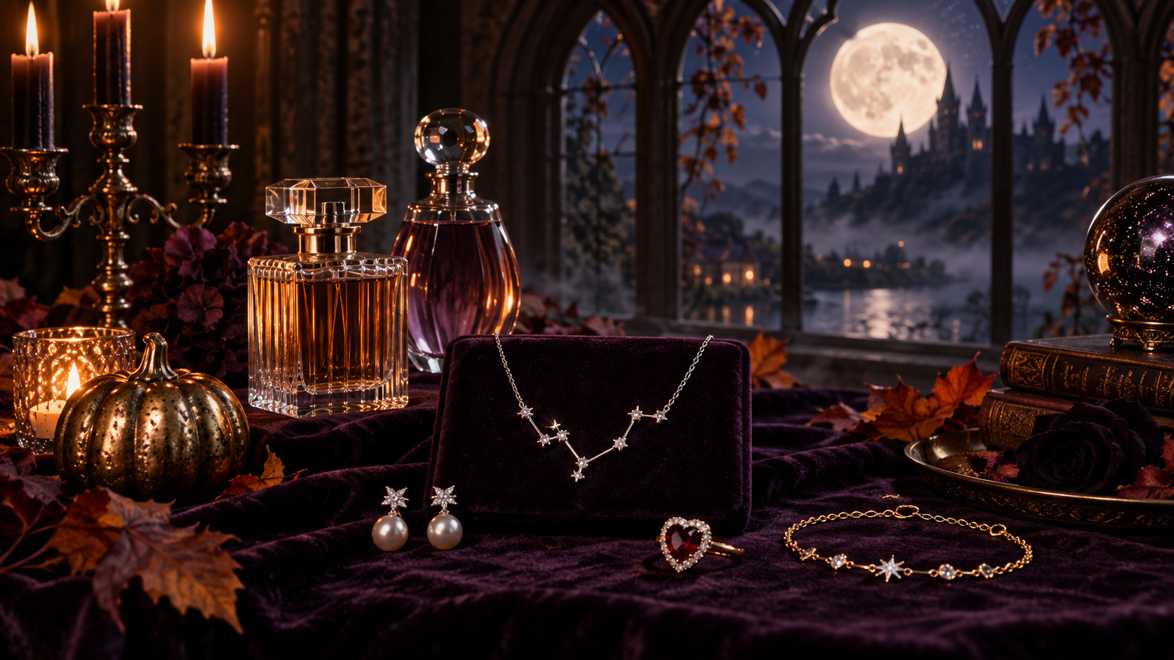 Bijuterii și parfum de Halloween într-o compoziție elegantă, violet și auriu