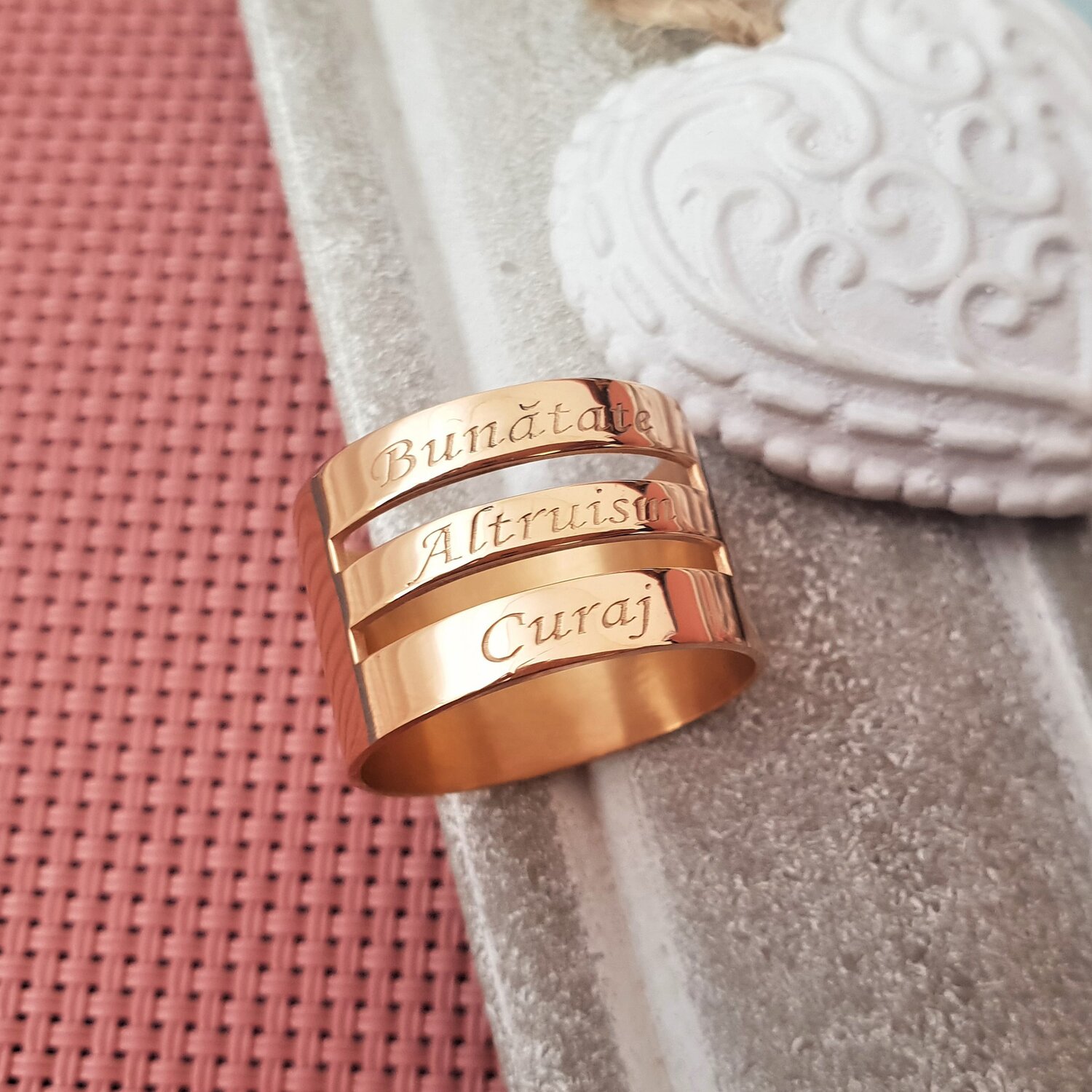 Inel personalizat - 3 nume - Argint 925 placat cu Aur roz 18k