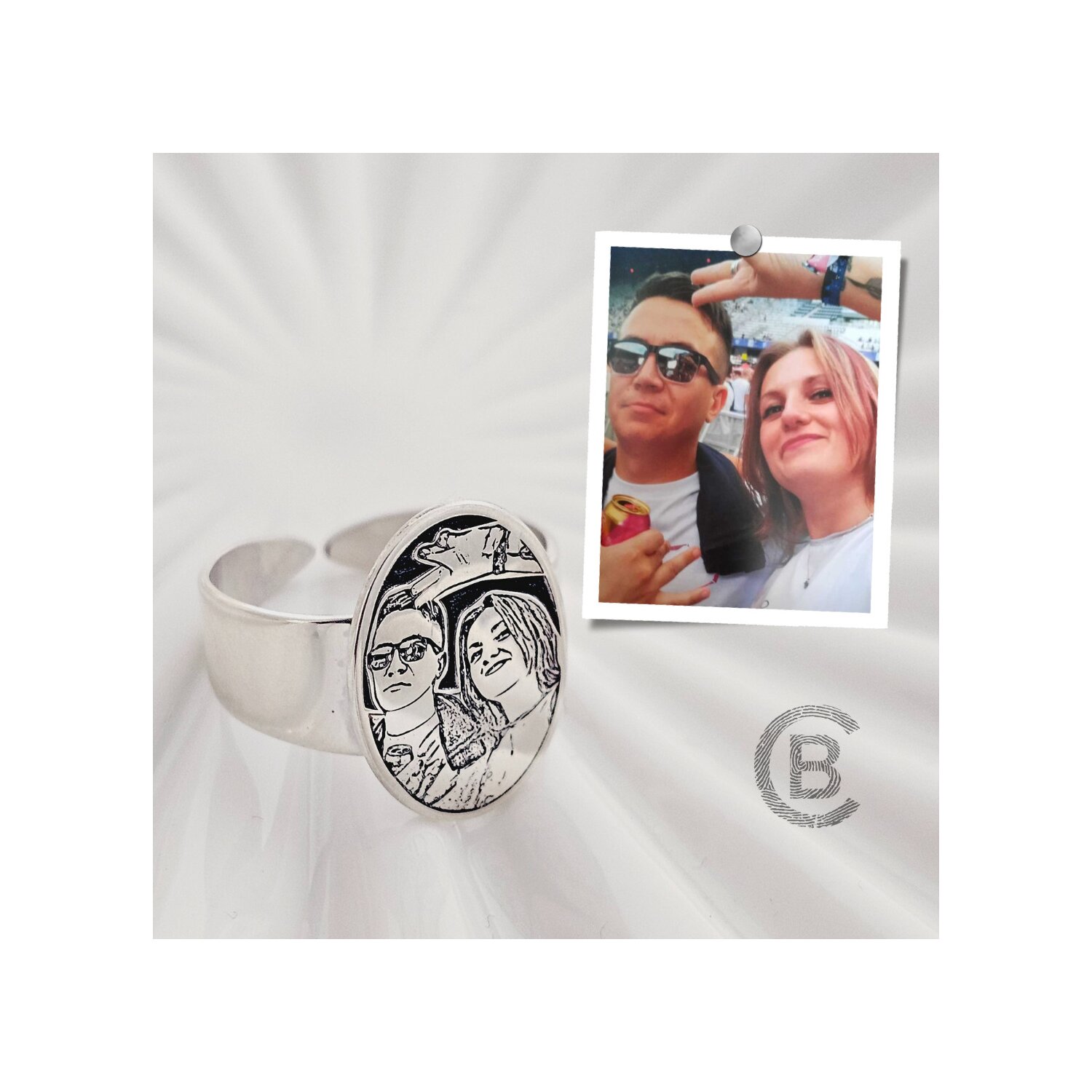 Inel personalizat cu poza - Amintire in oval - Model fotogravura relief - Argint 925