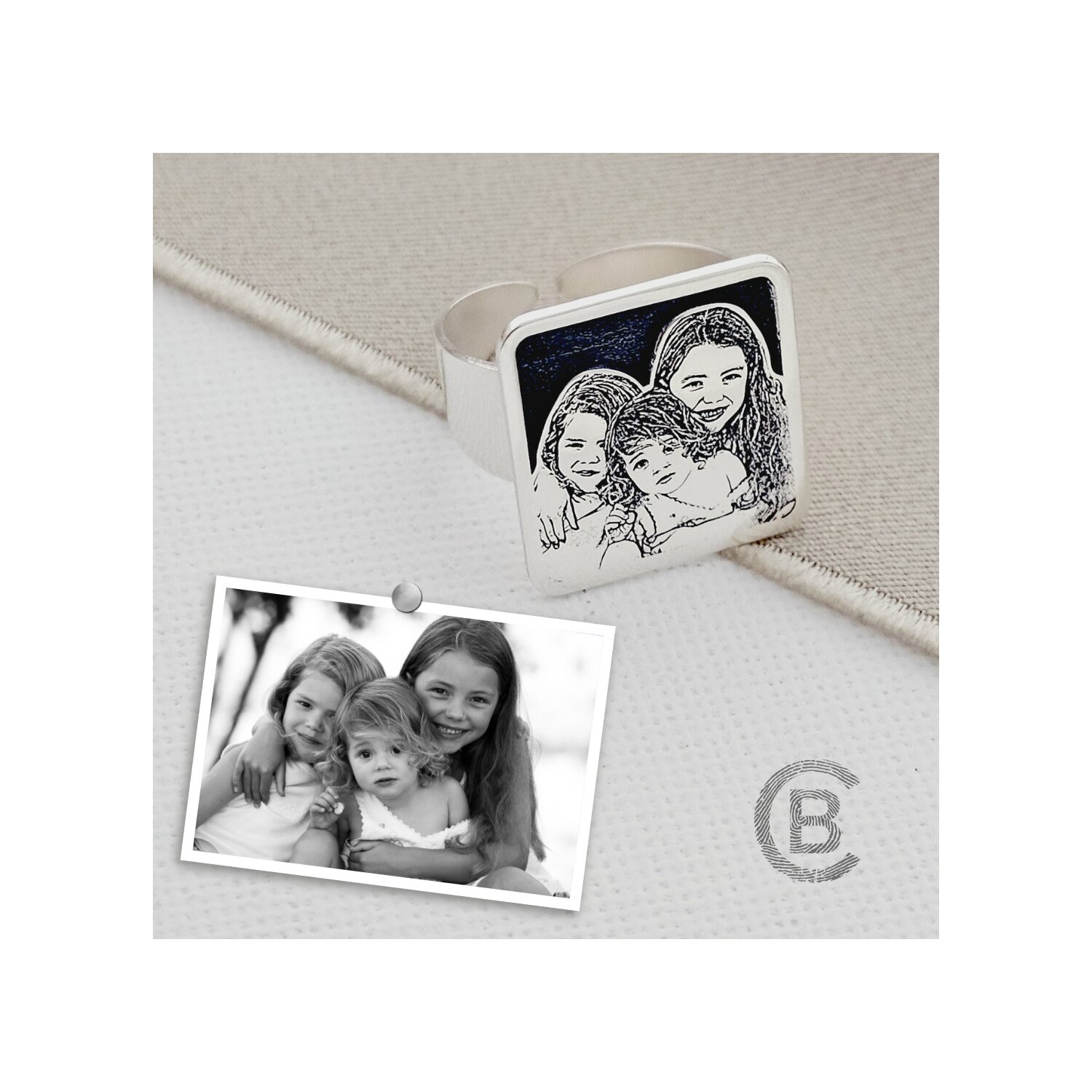 Inel personalizat cu poza - Amintire in patrat - Model fotogravura relief - Argint 925
