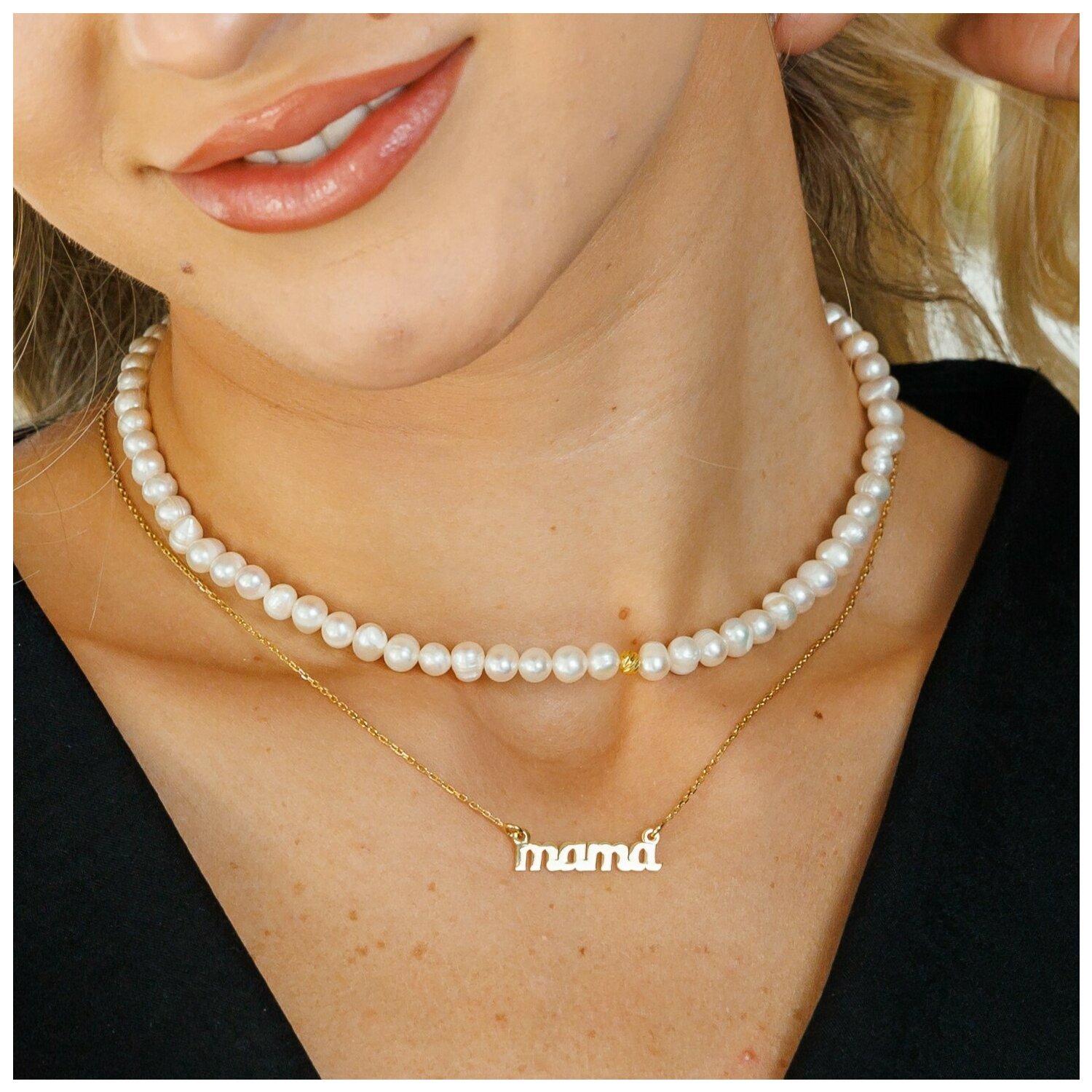 Lantisor cu Perle - Nume melodios - Model 2 straturi cu sirag perle si lantisor cu nume - Argint 925 placat cu Aur Galben 18K