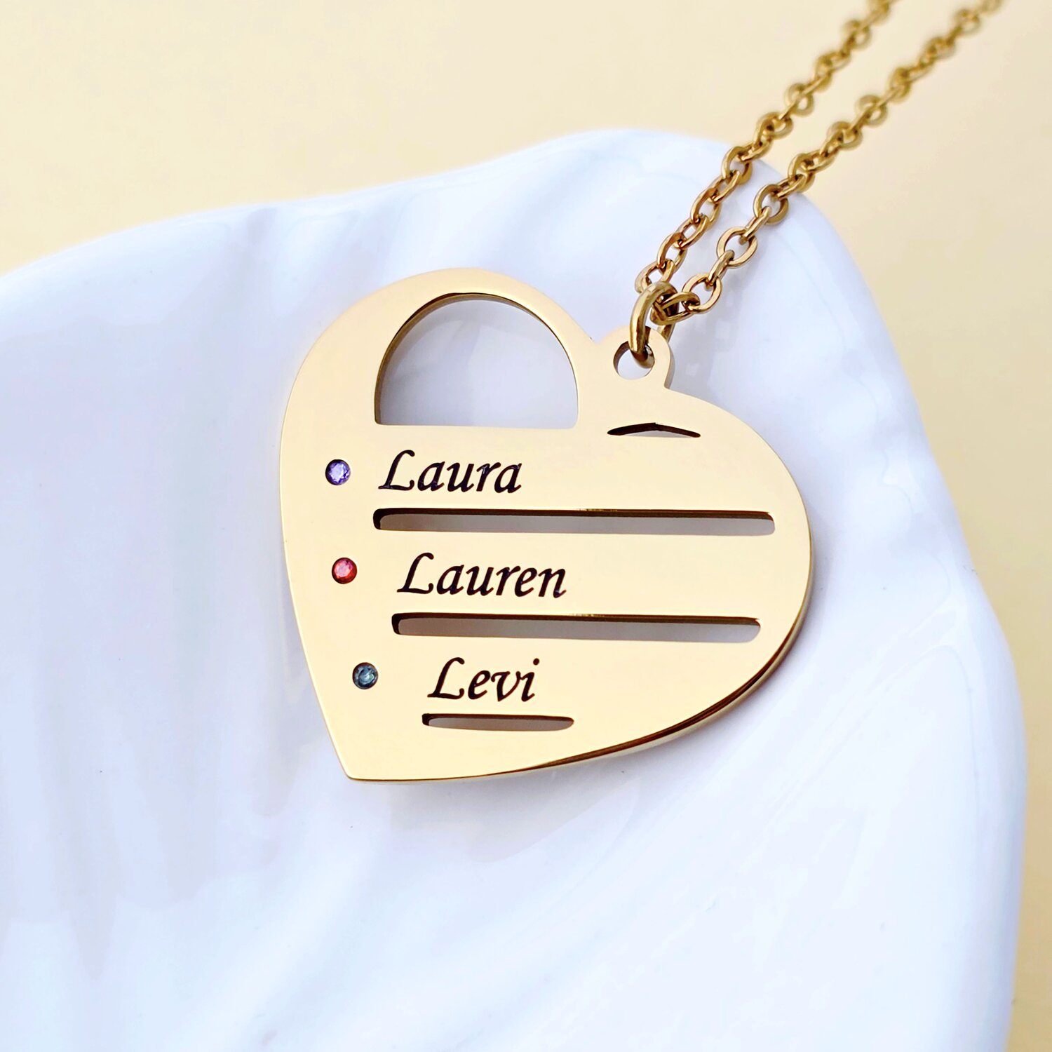 Lantisor Inima Familiei - 3 Nume - Cristale Zirconia - Otel Inoxidabil 316L
