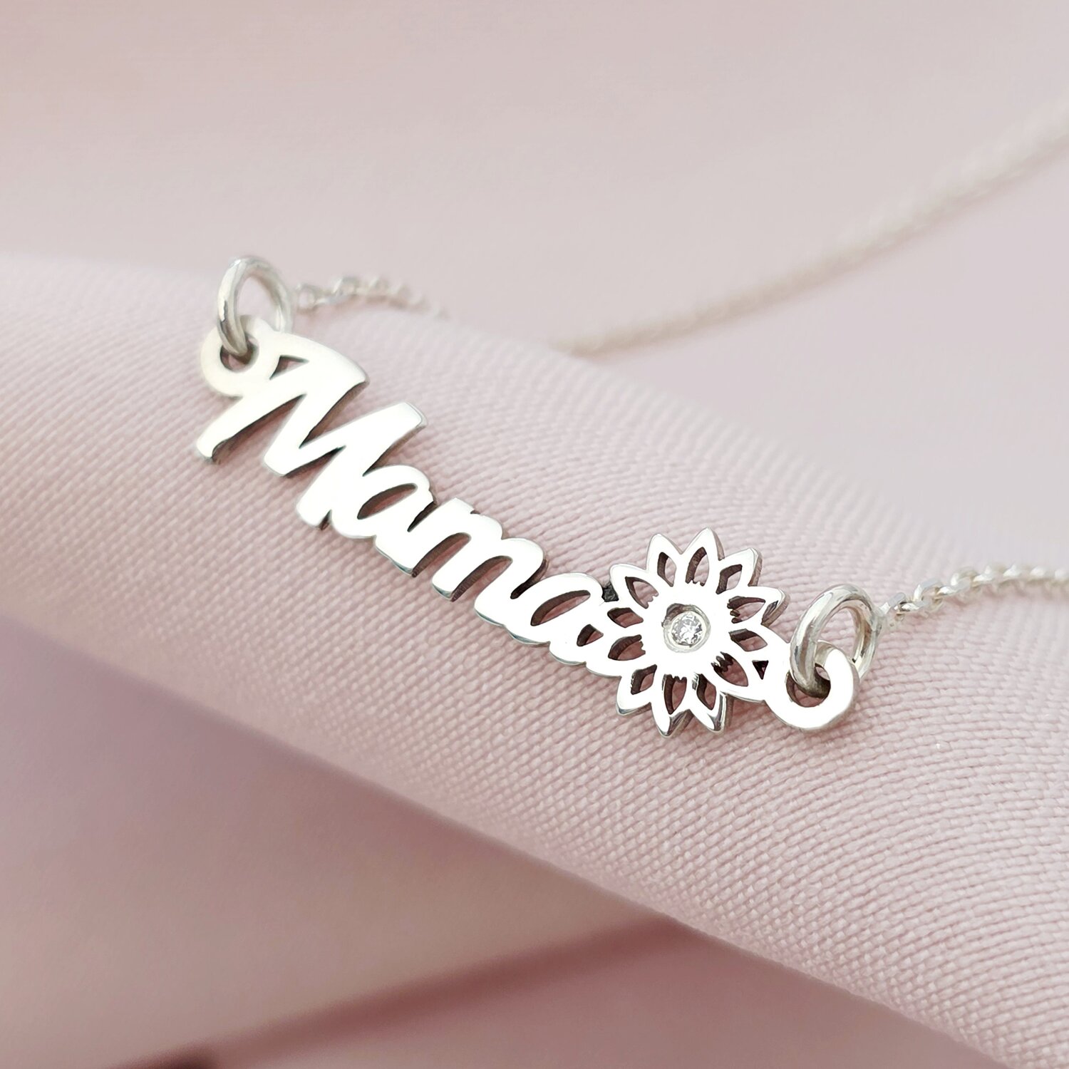 Lantisor mama, simbol floare si Diamant natural - Argint 925