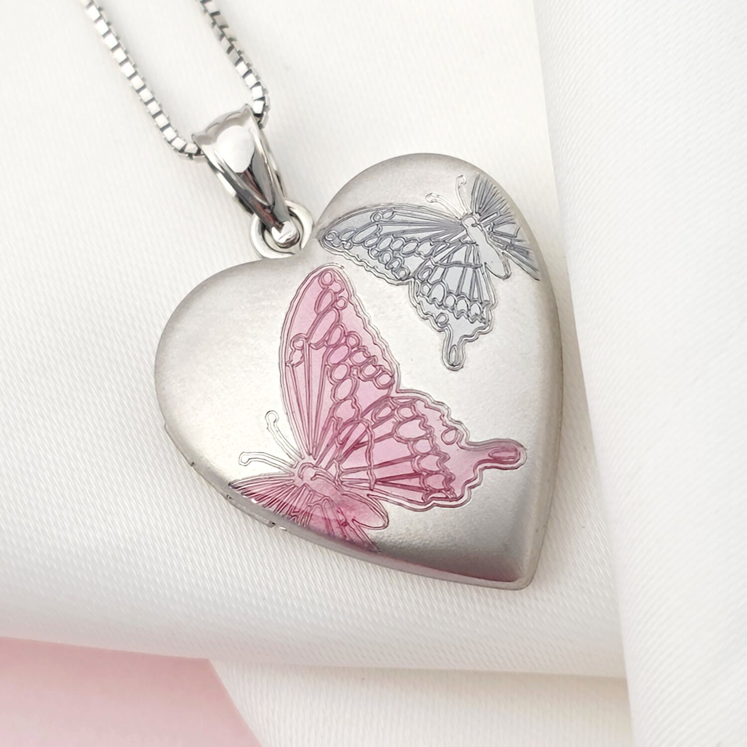 Medalion inima cu poze in interior - Rose&Blue Butterflies - Argint 925 Rodiat