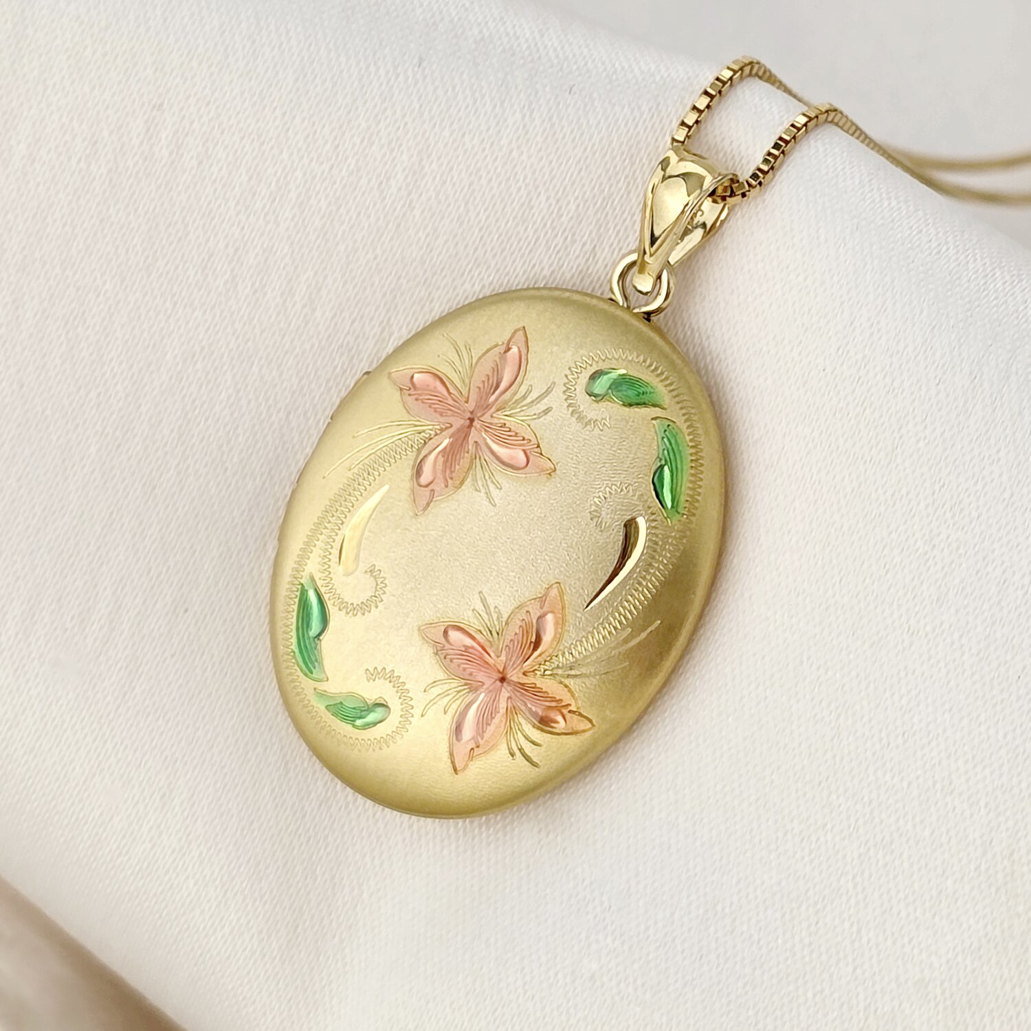 Medalion oval cu poze in interior - Pink Flowers - Argint 925 placat cu Aur Galben 18K